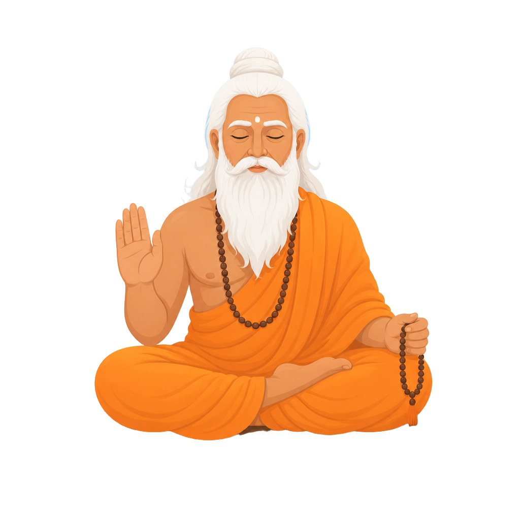 Illustration of a meditating guru in saffron robes offering a blessing